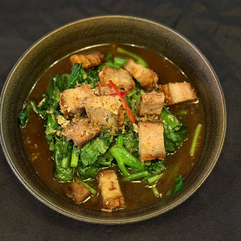Crispy pork belly stir-fry with Chinese broccoli