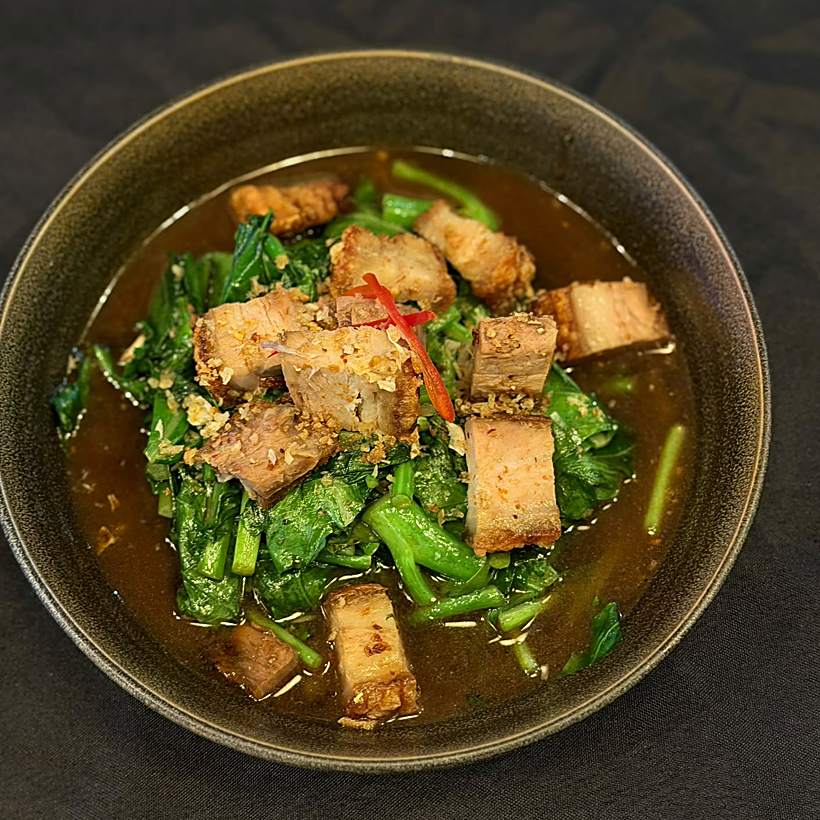 Crispy pork belly stir-fry with Chinese broccoli